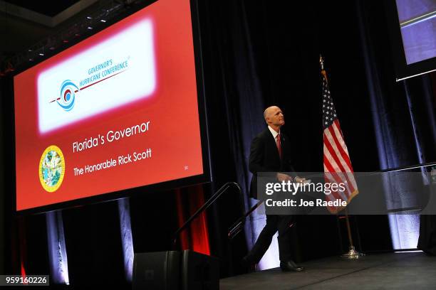 Florida Governor Rick Scott arrives to speak during the Governor's Hurricane Conference at Palm Beach County Convention Center on May 16, 2018 in...