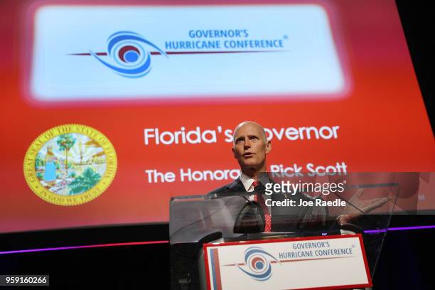 Florida Governor Rick Scott speaks during the Governor's Hurricane Conference at Palm Beach County Convention Center on May 16, 2018 in West Palm...