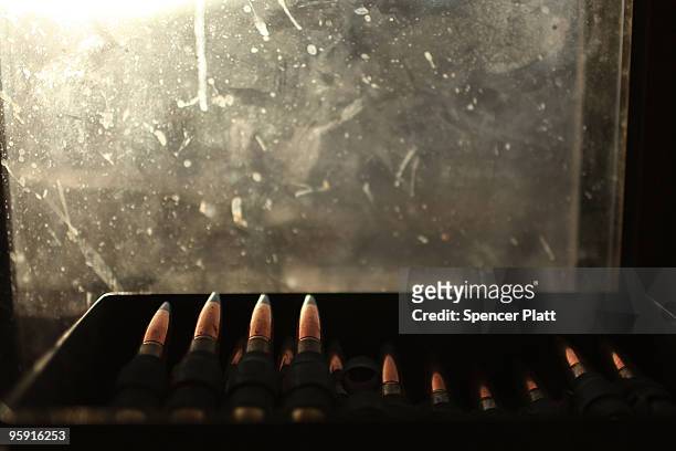 Bullets for a 50 caliber gun are viewed in a case in a guard post at Combat Outpost Zerak on January 21, 2010 in Zerak, Afghanistan. COP Zerak,...