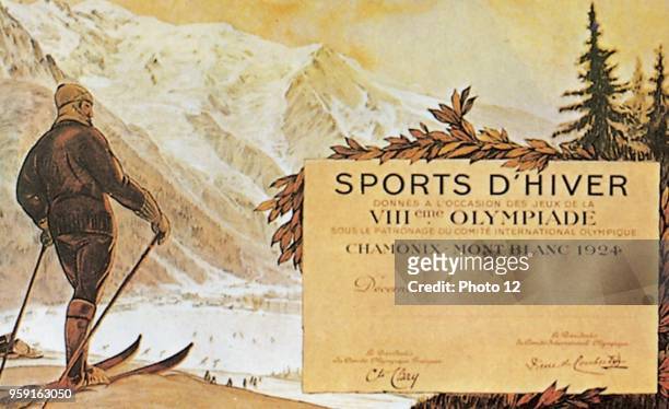 Poster of the First Winter Olympic games in Chamonix, France. Victory diploma. January-February 1924.
