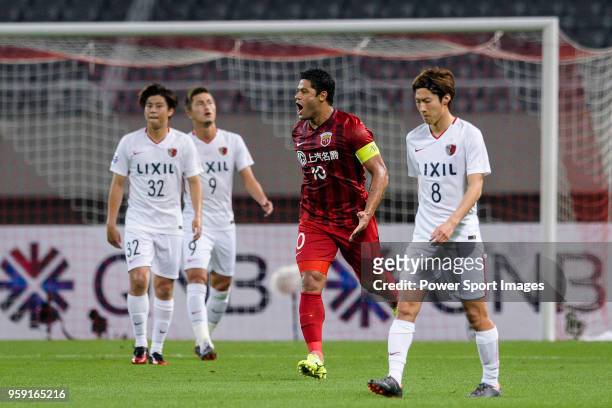 Shanghai FC Forward Hulk celebrates scoring a goal during the AFC Champions League Round of 16 match between Shanghai SIPG v Kashima Antlers at the...