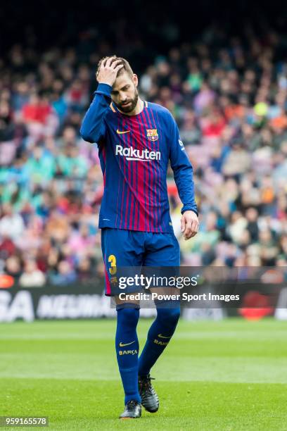 Gerard Pique Bernabeu of FC Barcelona reacts during the La Liga match between Barcelona and Valencia at Camp Nou on April 14, 2018 in Barcelona,...