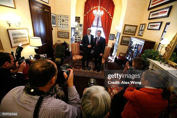 Senator-elect Scott Brown meets with his fellow Massachusetts Senator John Kerry in Kerry�s office on Capitol Hill January 21, 2010 in Washington,...