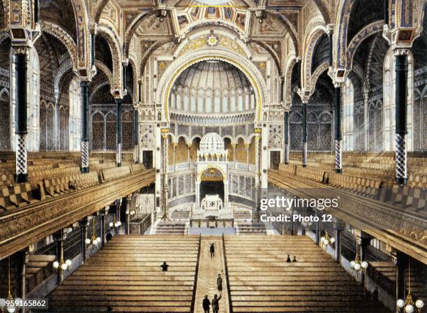 Germany, Berlin; Inside view of the synagogue in Oranienburger Street, built between 1859 and 1966 by Edward Knoblauch; Colour lithograph, c. 1870;...