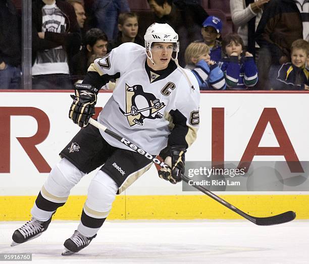 Sidney Crosby of the Pittsburgh Penguins takes part in the team warm-up prior to NHL action against the Vancouver Canucks on January 16, 2010 at...