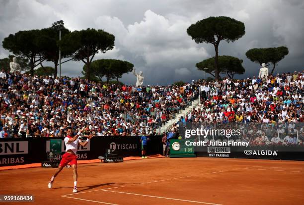 Novak Djokovic of Serbia in action in his match against Nikoloz Basilashvili of Georgia during day four of the Internazionali BNL d'Italia 2018...