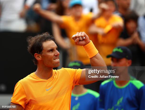 Rafael Nadal of Spain celebrates defeating Damir Dzumhur Bosnia during day four of the Internazionali BNL d'Italia 2018 tennis at Foro Italico on May...