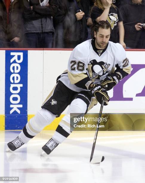 Eric Godard of the Pittsburgh Penguins handles the puck during the team warm-up prior to NHL action against the Vancouver Canucks on January 16, 2010...