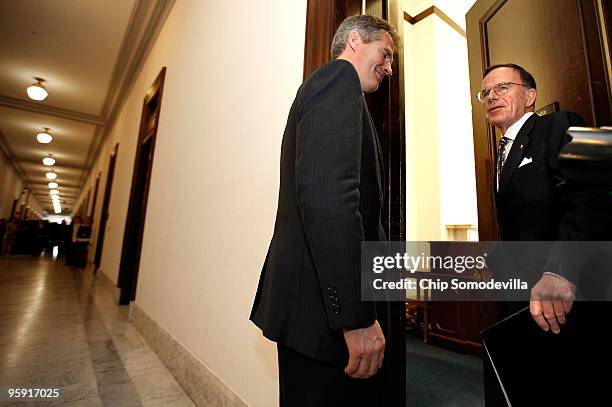 Sen. Paul Kirk opens his office door for his successor Massachusetts U.S. Senator-elect Scott Brown on Capitol Hill January 21, 2010 in Washington,...