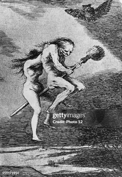 Francisco Jose de Goya; Two witches fly to Blocksberg; Engraving taken from the Caprichos, 1796.