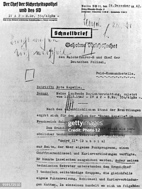 Dec 1942, Berlin Gestapo-report on the Rote Kapelle, a resistance group in the Third Reich, which operated from France.