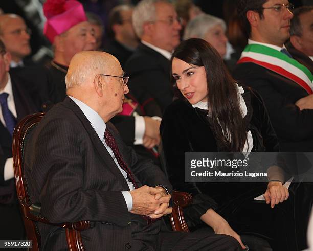 Italian President Giorgio Napolitano speaks with Rosanna Scopelliti ,judge's daughter murdered by mafia, during student meeting at the Mattia Pretti...
