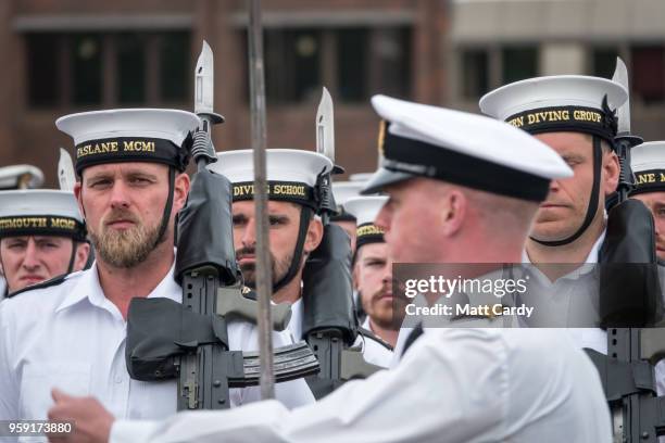 Members of the Royal Navy's small ships and diving units take part in a final rehearsal for their part in the Armed Forces' ceremonial duties at the...