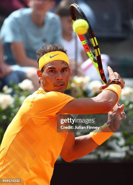 Rafael Nadal of Spain in action against Damir Dzumhur Bosnia during day four of the Internazionali BNL d'Italia 2018 tennis at Foro Italico on May...