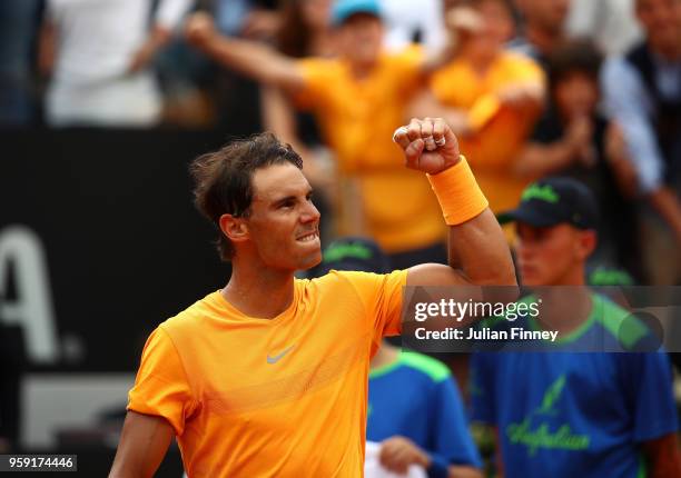 Rafael Nadal of Spain celebrates defeating Damir Dzumhur Bosnia during day four of the Internazionali BNL d'Italia 2018 tennis at Foro Italico on May...