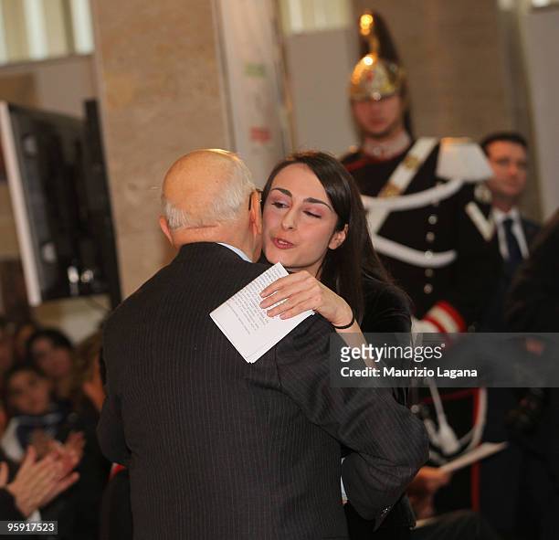 Italian President Giorgio Napolitano greets Rosanna Scopelliti the judge's daughter killed by the Mafia during student meeting at the Mattia Pretti...