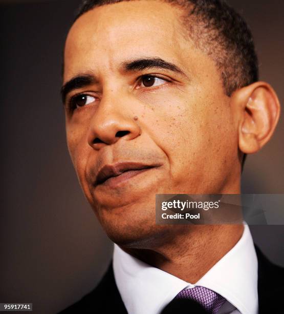 President Barack Obama delivers remarks on financial reform in the Diplomatic Reception Room on January 21, 2010 in Washington, DC. Obama announced...