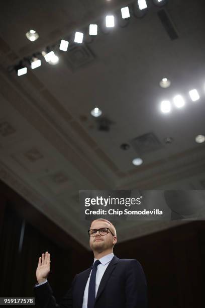 Former director of research for Cambridge Analytica Christopher Wylie is sworn in before testifying to the Senate Judiciary Committee in the Dirksen...