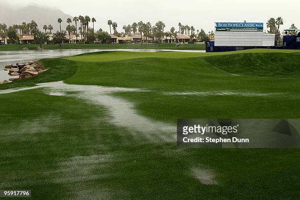 View of course conditions on 18th hole of the Palmer Private Course at PGA West before the rain delayed second round of the Bob Hope Classic on...