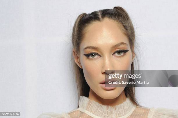 Model poses backstage ahead of the Alice McCall show at Mercedes-Benz Fashion Week Resort 19 Collections at Carriageworks on May 14, 2018 in Sydney,...