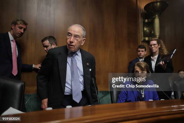 Senate Judiciary Committee Chairman Charles Grassley and ranking member Sen. Dianne Feinstein prepare for a hearing about Cambridge Analytica and the...