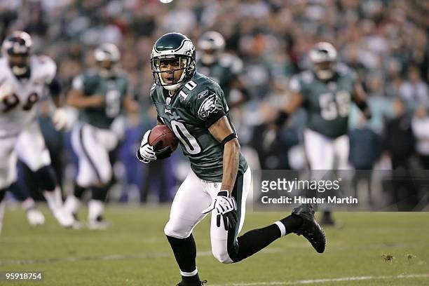 Wide receiver DeSean Jackson of the Philadelphia Eagles runs the ball during a game against the Denver Broncos on December 27, 2009 at Lincoln...