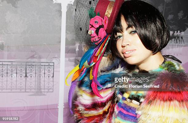 Singer Aura Dione poses at the Burda Style Group Preview during the Mercedes-Benz Fashion Week Berlin Autumn/Winter 2010 at the Hamburger Bahnhof on...