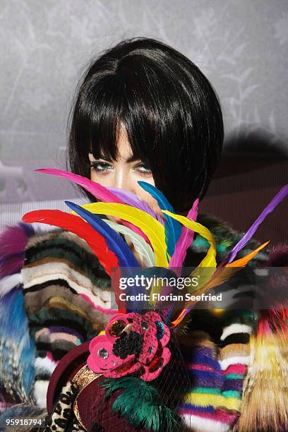 Singer Aura Dione poses at the Burda Style Group Preview during the Mercedes-Benz Fashion Week Berlin Autumn/Winter 2010 at the Hamburger Bahnhof on...