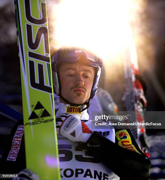 Adam Malysz of Poland looks on during the qualification round in the FIS Ski Jumping World Cup on January 21, 2010 in Zakopane, Poland.