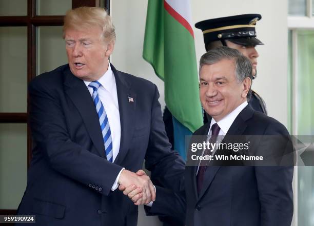 President Donald Trump greets Uzbekistan President Shavkat Mirziyoyev at the White House May 16, 2018 in Washington, DC. The two leaders are...