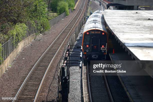 New MBTA Orange Line car is pictured at Wellington Station in Medford, MA on May 15, 2018. The first new train is expected to enter passenger service...