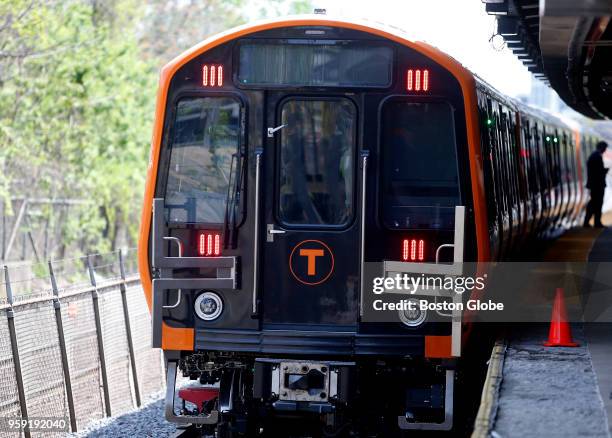 New MBTA Orange Line car is pictured at Wellington Station in Medford, MA on May 15, 2018. The first new train is expected to enter passenger service...