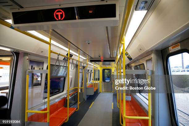 The interior of a new MBTA Orange Line car at Wellington Station in Medford, MA is pictured on May 15, 2018. The first new train is expected to enter...