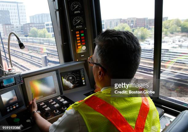 Heavy Rail Instructor Tomas Gonzales operates a new MBTA Orange Line car in Medford, MA on May 15, 2018. The first new train is expected to enter...