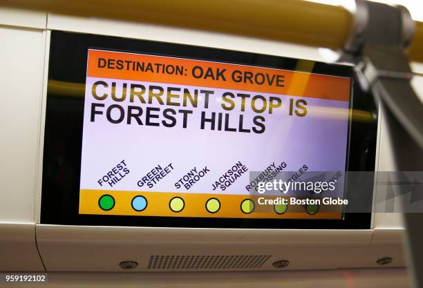 An LCD screen shows the stops on a new MBTA Orange Line car at Wellington Station in Medford, MA on May 15, 2018. The first new train is expected to...