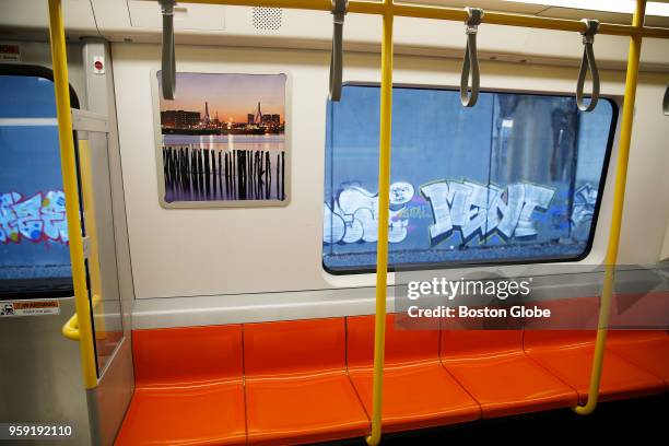 The interior of a new MBTA Orange Line car is pictured as it stops at Sullivan Square Station in Boston on May 15, 2018. The first new train is...