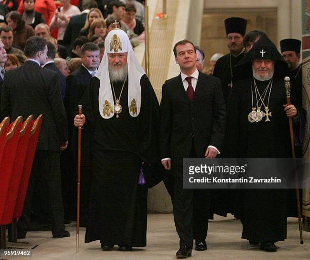 Russian Orthodox Patriarch Kirill, Russian President Dmitry Medvedev and Armenian Katolikos Garegin II arrive during an awards ceremony in the Christ...