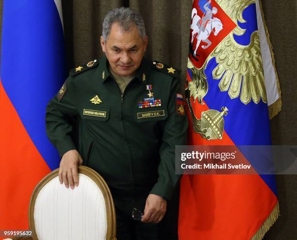 Russian Defense Minister Sergey Shoigu attends a meeting with President Vladimir Putin, high-ranking officers, defense and military officials at...