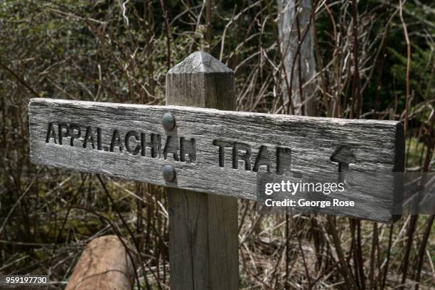 Trail sign at Clingmans Dome, a major scenic viewing point along the Appalachian Trail, is viewed on May 11, 2018 near Cherokee, North Carolina. The...