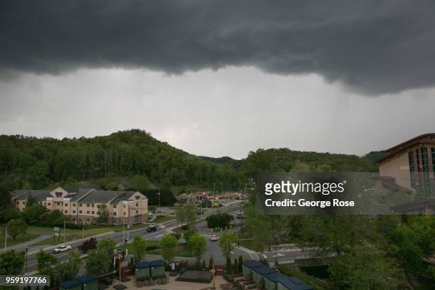 Powerful thunderstorm moves over the Harrah's Cherokee Casino & Resort on May 11, 2018 in Cherokee, North Carolina. Located near the entrance to...