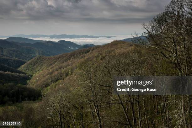 The mountains looking southwest along the Tennessee border is viewed from the top of a ridge near the Appalachian Trail on May 11, 2018 near...