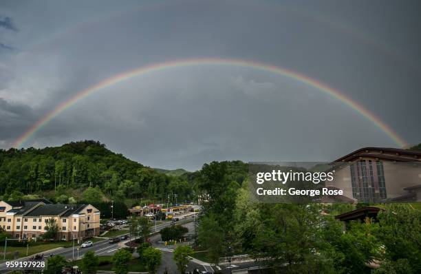 Rainbow over the Harrah's Cherokee Casino & Resort is viewed on May 11, 2018 in Cherokee, North Carolina. Located near the entrance to Great Smoky...