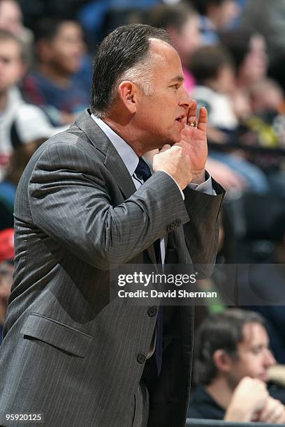 Head coach Jim O'Brien of the Indiana Pacers shouts from the sideline during the game against the Minnesota Timberwolves on January 8, 2010 at the...