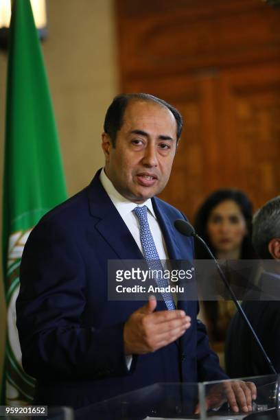Hossam Zaki, Assistant Secretary General of the Arab League, speaks during a joint press conference held with Osama al-Nugali , Saudi Arabia's...