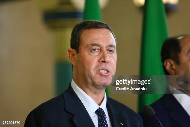 Diab Allouh, Palestine's Ambassador and Permanent Representative at the Arab League speaks during a joint press conference held with Osama al-Nugali...