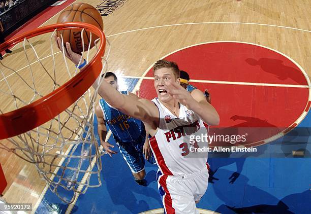 Jonas Jerebko of the Detroit Pistons shoots a layup during the game against the New Orleans Hornets at the Palace of Auburn Hills on January 15, 2010...