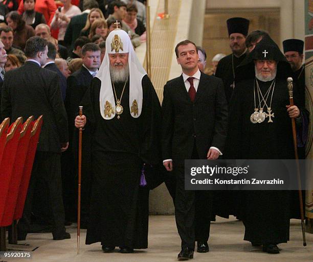 Russian Orthodox Patriarch Kirill, Russian President Dmitry Medvedev and Armenian Katolikos Garegin II arrive during an awards ceremony in the Christ...