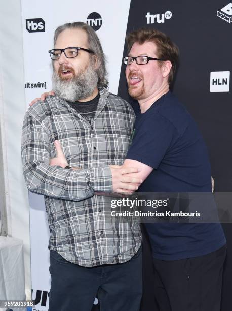 Dan Harmon Justin Roiland attend the Turner Upfront 2018 arrivals on the red carpet at The Theater at Madison Square Garden on May 16, 2018 in New...