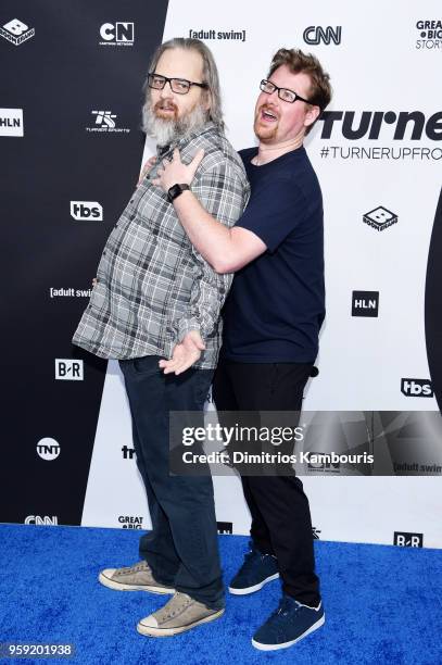 Dan Harmon Justin Roiland attend the Turner Upfront 2018 arrivals on the red carpet at The Theater at Madison Square Garden on May 16, 2018 in New...