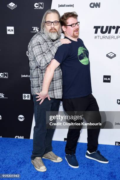 Dan Harmon Justin Roiland attend the Turner Upfront 2018 arrivals on the red carpet at The Theater at Madison Square Garden on May 16, 2018 in New...